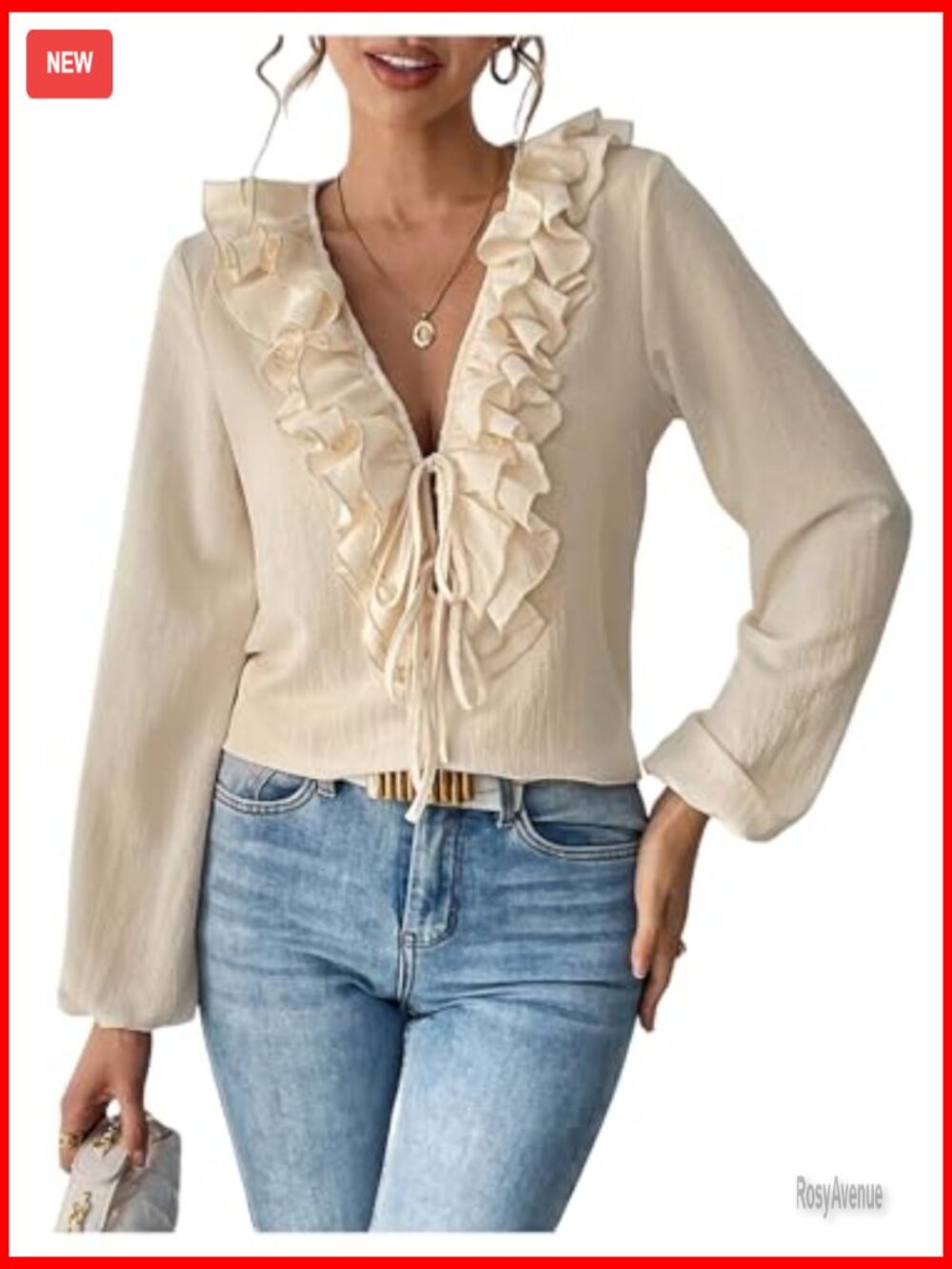 Ruffle Tie Front V Neck Blouse Chiffon Casual Work - Picture 6 of 7